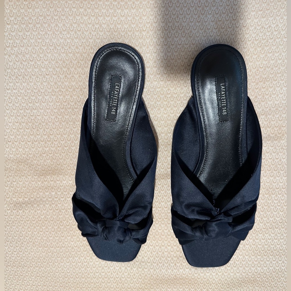 Lafayette 148 NY Navy Satin Slides… NEW size 9…in box.